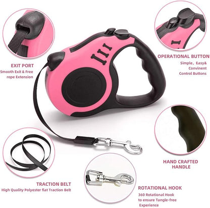 Retractable Dog Leash for Medium - Small Dogs and Cats - 16.5FT Tangle Free, Heavy Duty Walking Leash with Anti Slip Handle, Pause and Lock Strong Nylon Tape