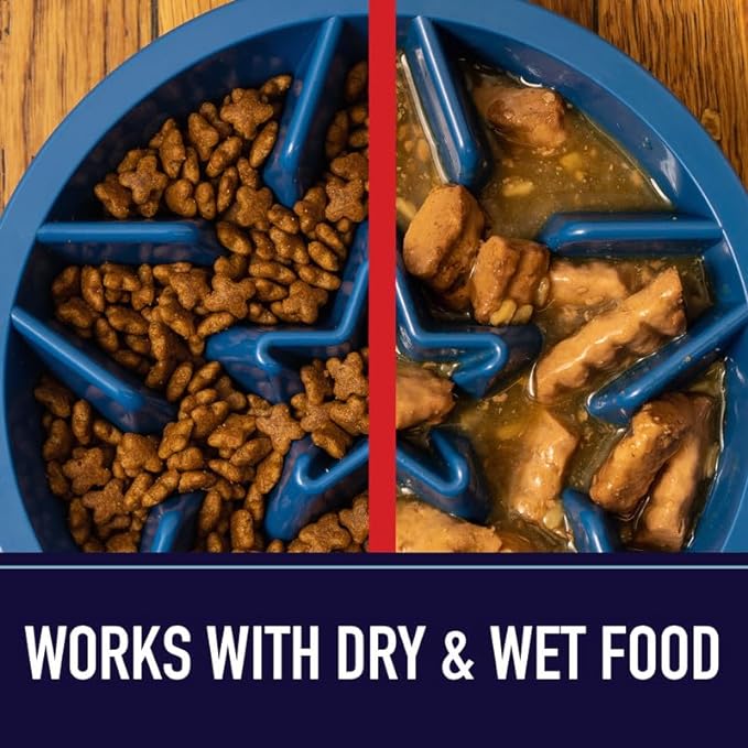 Leash Boss Slow Feeder Dog Bowls (4 Cup) Puzzle Dog Food Bowl with Feeder Holes, Fits into Elevated Pet Feeders, Slow Eating for Large, Medium & Small Sized Breeds - Blue