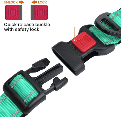 Taglory Reflective Dog Collar with Safety Locking Buckle, Soft Neoprene Padded Dog Collar for Large Dogs, Metal D-Ring, Adjustable Nylon Neck Strap for Daily Walking, Training & Running, Turquoise, L