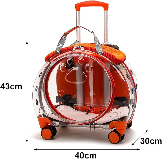 Pet Carrier with Wheels for Cats and Dogs, Clear Hard-Shell Rolling Pet Carrier with Retractable Handle, Airline-Approved Travel Carrier, Portable Cat and Dog Stroller (Orange)