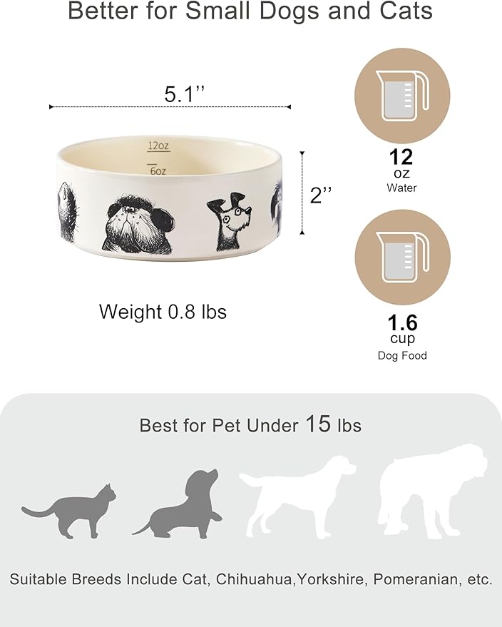 Ceramic Dog and Cat Bowl Set of 2 with Weighted Non-Slip Ring-1.6 Cups, Stoneware Food and Water Set, Pet Feeding, Microwave and Dishwasher Safe-Derpy-S 2pcs