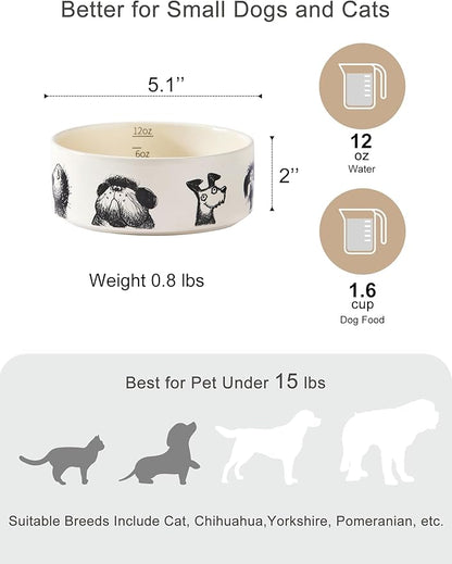 Ceramic Dog and Cat Bowl Set of 2 with Weighted Non-Slip Ring-1.6 Cups, Stoneware Food and Water Set, Pet Feeding, Microwave and Dishwasher Safe-Derpy-S 2pcs