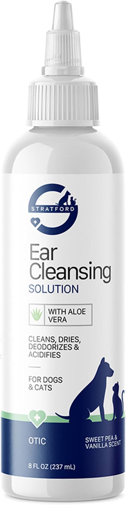 Stratford Pharmaceuticals Ear Cleaner & Drying Solution for Dogs & Cats w/Aloe Vera to Wash Debris, Wax, Odor & Irritation Relief, Sweet Pea Vanilla Scent, 8 oz