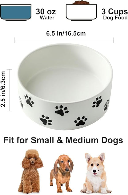 6.5 Inch White Ceramic Dog Bowl with Paw Print Pattern - Porcelain Wide Mouth Dog Food or Water Bowls, Large Feeding Pet Bowls for Indoor Medium Sized Dogs, for Wet or Dry Food