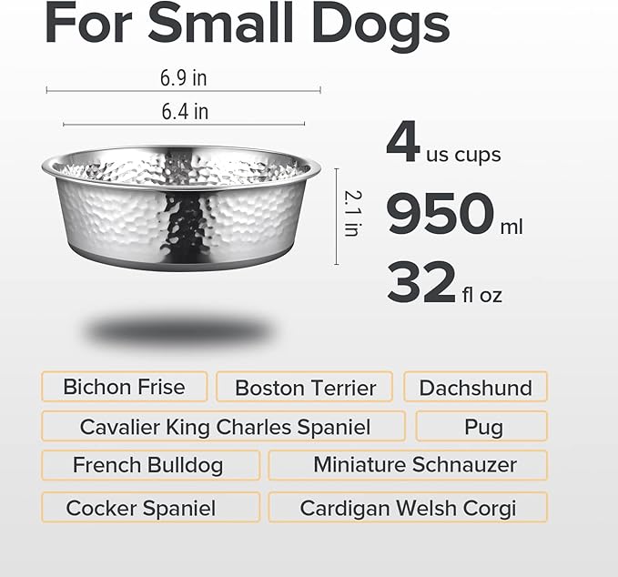 URBUDDIES 2 Pack Hammered Stainless Steel Dog Bowls, Premium Metal Dog Bowls with Non Slip Rubber Bottom, Dishwasher Safe, Easy to Clean, 4 Cup, Gray Bottom