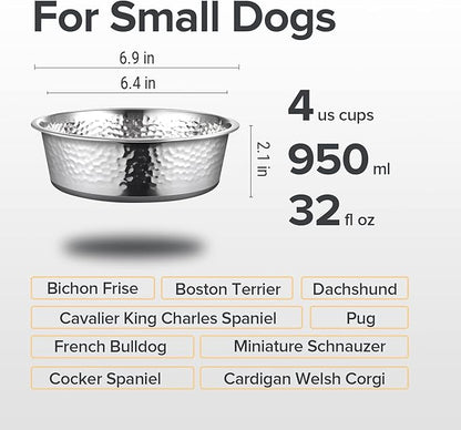URBUDDIES 2 Pack Hammered Stainless Steel Dog Bowls, Premium Metal Dog Bowls with Non Slip Rubber Bottom, Dishwasher Safe, Easy to Clean, 4 Cup, Gray Bottom