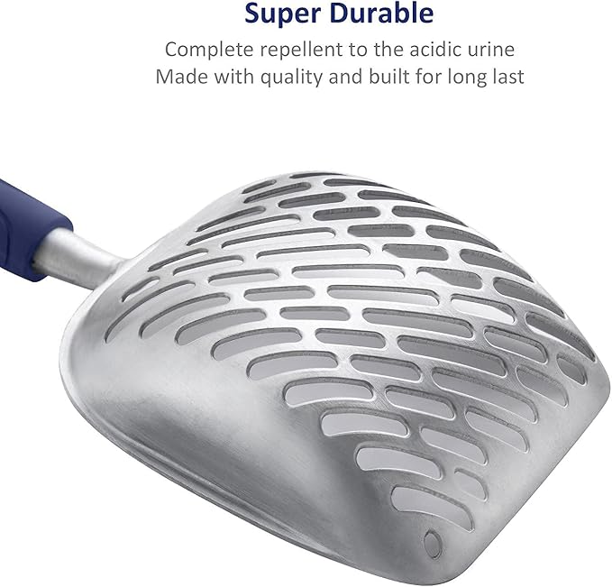 WePet Cat Litter Scoop, Aluminum Alloy Sifter, Kitty Metal Scooper, Deep Shovel with Diagonal Sifting Hole, Long Handle, Kitten Poop Lifter for Litter Box, Medium Size, Blue Handle