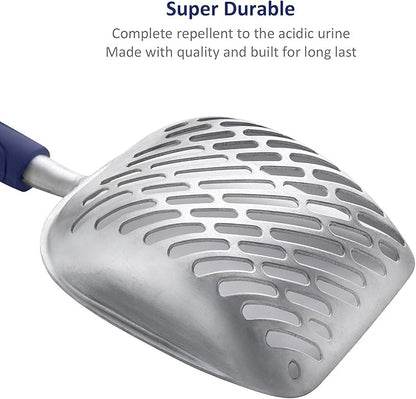 WePet Cat Litter Scoop, Aluminum Alloy Sifter, Kitty Metal Scooper, Deep Shovel with Diagonal Sifting Hole, Long Handle, Kitten Poop Lifter for Litter Box, Medium Size, Blue Handle