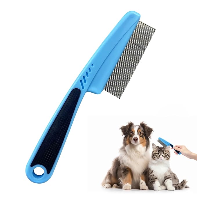 Flea Comb with Rubber Handle, 2025 Upgraded Fine Tooth Dandruff Comb for Dogs & Cats, Fine Tooth Dog Combs for Grooming (Blue)