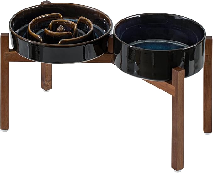Ceramic 1.6 Cup Raised Slow Feeder Dog Bowl Set, Elevated 7.3inch Bowl and 8.2inch Dish with Acacia Wood Stand for Medium and Large Dog(Starry Sky)