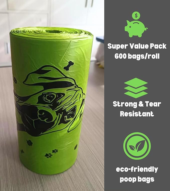 Dog Poop Biodegradable Bags One Biig Roll (600 ct.) Eco-friendly Doggy Poop Bags Pet Waste Pickup Bag Degradable Cat Waste Disposal Bags (1 Roll, 600 Bags)
