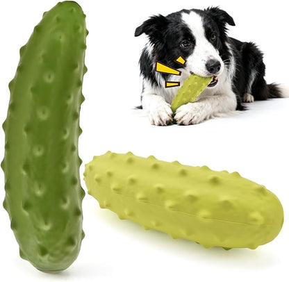 2PCS Tough Squeaky Dog Toys, Durable Dog Chew Toy with Natural Rubber, Teething Toys for Medium Large Breeds, Cucumber Pickle Shape, Yellow & Green