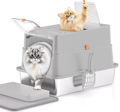 Stainless Steel Cat Litter Box, XL Enclosed Cat Litter Box with Lid, Easy to Clean High-Sided Metal Kitty with Top Entry, Scoop, Mat, Brush & Foot Pedal-Light Gray