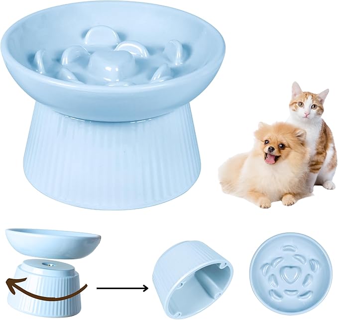 Unbreakable Raised Slow Feeder Bowl for Cats and Small Dogs, Elevated Cat Bowls, Detachable Slow Feede Bowl, Heavy Weighted, Non-Slip Feeder, Whisker Friendly (Blue, Round - 6.2w'' x 1.5h'' inch)