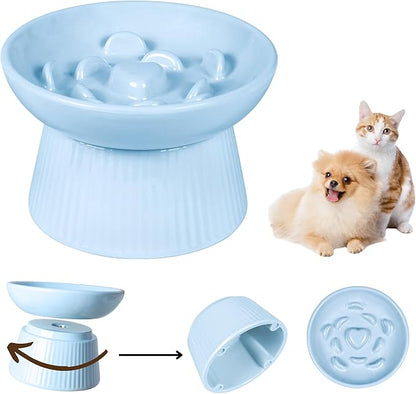 Unbreakable Raised Slow Feeder Bowl for Cats and Small Dogs, Elevated Cat Bowls, Detachable Slow Feede Bowl, Heavy Weighted, Non-Slip Feeder, Whisker Friendly (Blue, Round - 6.2w'' x 1.5h'' inch)