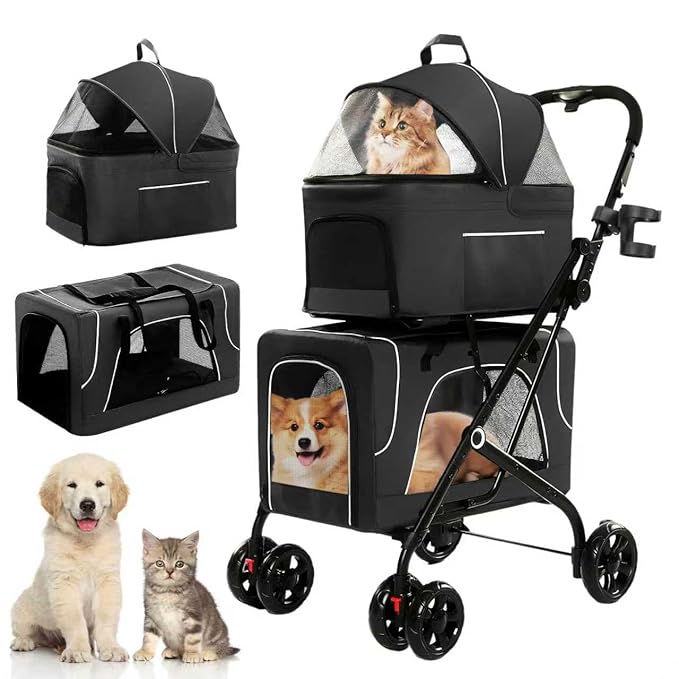 Double Dog Stroller with Cup Holder, Foldable 3-in-1 Cat Strollers with 2 Detachable Carriers, Safety Belt, Washable Cover, Removable Pads, 4 Wheels Travel Pet Stroller for Small Medium Dogs (Black)