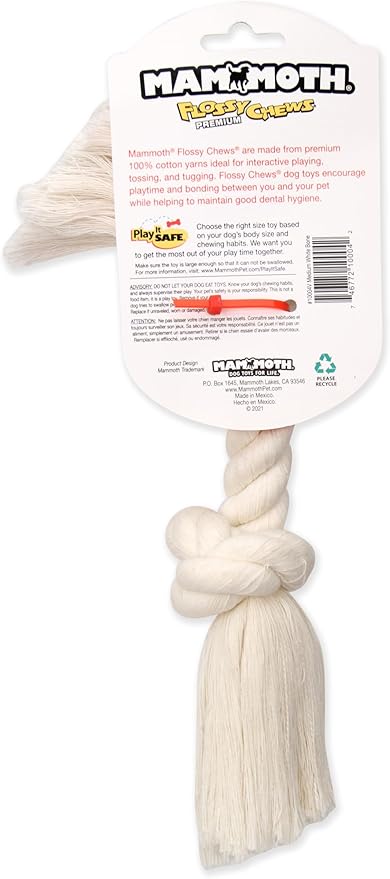 Mammoth Pet Products Dog Flossy Chews 100-Percent Cotton White Rope Bone, Medium, 12-Inch (10004V), All Breed Sizes