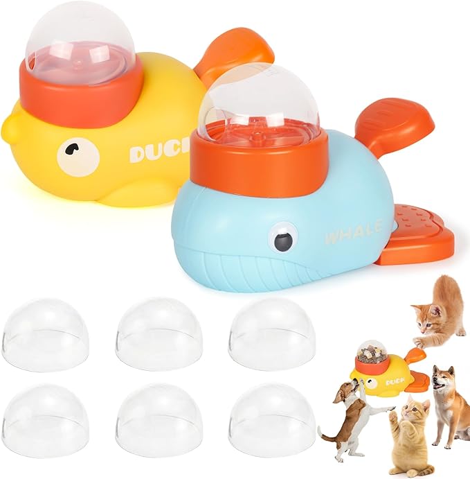 2-in-1 Interactive Dog Toy Food Puzzle Slow Feeder, Duck Shaped Toy cat Snack Dispenser can Reduce Abdominal Bloating (Yellow Duck and Light Blue Whale)