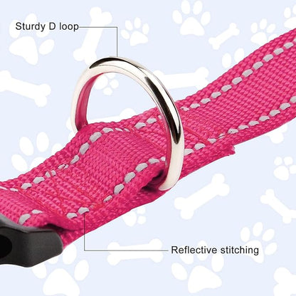 FunTags Reflective Dog Collar, Sturdy Nylon Collars for Medium Girl and Boy Dogs, Adjustable Dog Collar with Quick Release Buckle, Pink