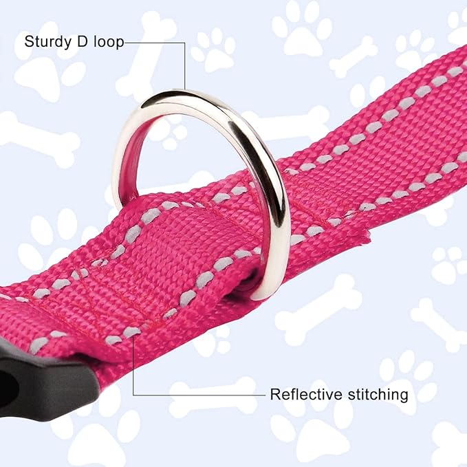 FunTags Reflective Dog Collar, Sturdy Nylon Collars for Small Girl and Boy Dogs, Adjustable Dog Collar with Quick Release Buckle, Pink