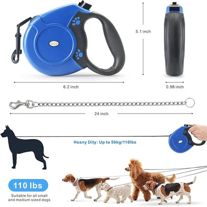 Idepet Heavy Duty Retractable Dog Leash for Small and Medium Dogs, Anti-Chewing Steel Chain 360 Degree Tangle-Free,Break and Lock System,16ft Leash for Dog Walking (Blue, Flat Rope)