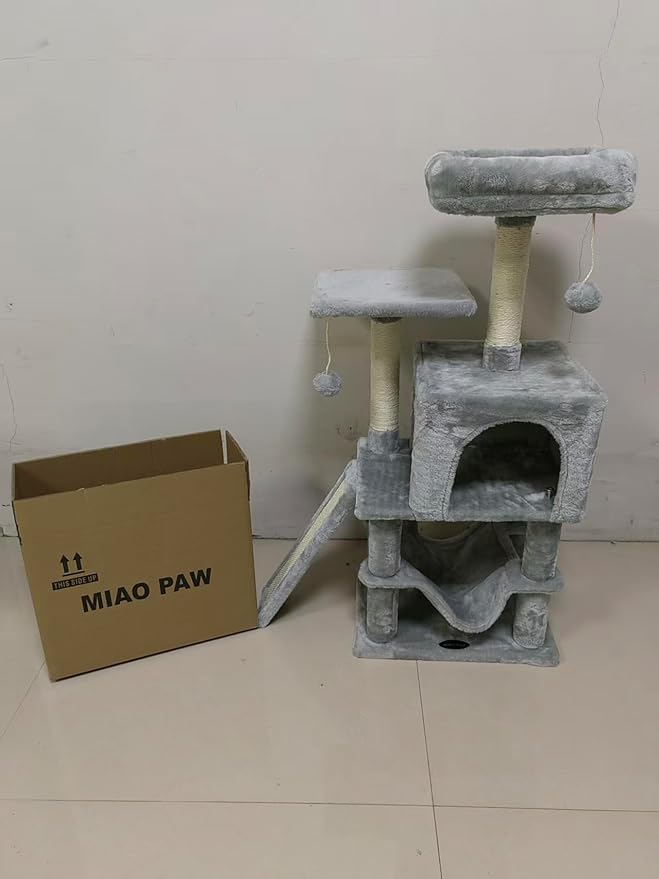 MIAO PAW Grey Cute Cat Tree for Indoor Cat Tower with Scratching Post Modern Activity House Hammock Hanging Ball Condo with Board