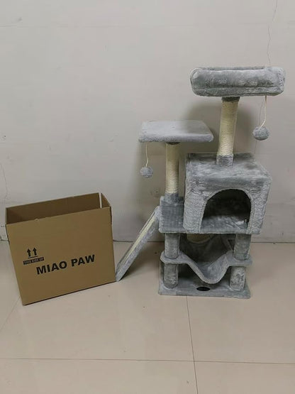 MIAO PAW Grey Cute Cat Tree for Indoor Cat Tower with Scratching Post Modern Activity House Hammock Hanging Ball Condo with Board