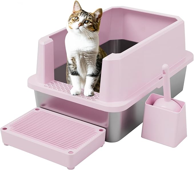 RIZZARI Large Cat Litter Box: Pink Heavy-Duty 304 Stainless Steel Open Pan - High Sides Prevent Leaks - Odor-Free & Easy Clean - Teflon Non-Stick Coating - Ideal for Big Cats in Apartments & Bathrooms