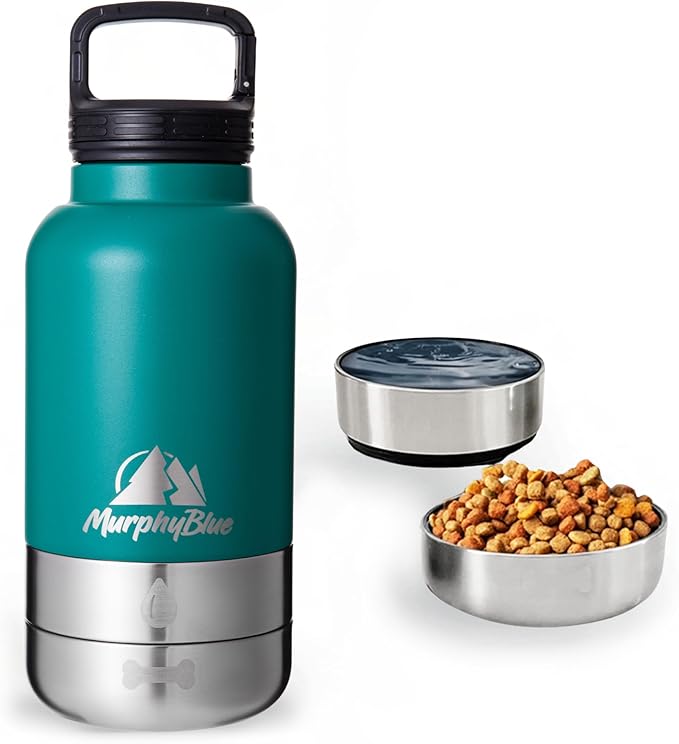 MurphyBlue Dog Water Bottle | 32 oz. Capacity Insulated Stainless Steel, Lid w/Built-in Carabiner, BPA Free Plastic Detachable Bowls, Portable Dog Water Bottles, Travel Bowls for Pets