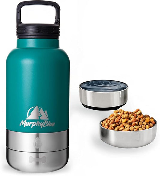 MurphyBlue Dog Water Bottle | 32 oz. Capacity Insulated Stainless Steel, Lid w/Built-in Carabiner, BPA Free Plastic Detachable Bowls, Portable Dog Water Bottles, Travel Bowls for Pets