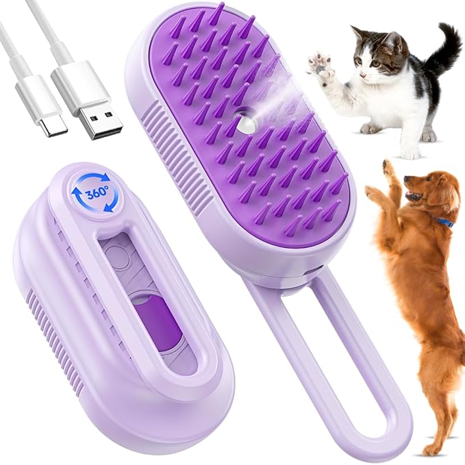 Cat Steam Brush for Shedding, 4-in-1 Rechargeable Pet Grooming Brush for Cats & Dogs, Anti-Static, Massage, Cleaning & Combing with Gentle Steam, Removes Loose Hair & Tangles (Purple)