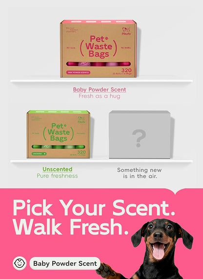 Dog Poop Bags Rolls, 320 Count (20 Refills) - 60% Recycled Plastic Baby Powder Scented - Leak Proof, Extra Thick Waste Bag with Easy-Peel Sticker (Pink)