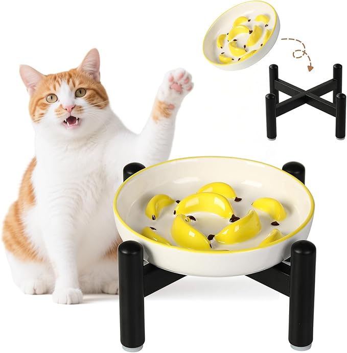 Elevated Slow Feeder Cat Bowl - Ceramic Cat Food Plate with Anti-Slip Stainless Steel Stand - Shallow Maze Dish for Slow Eating - Yellow