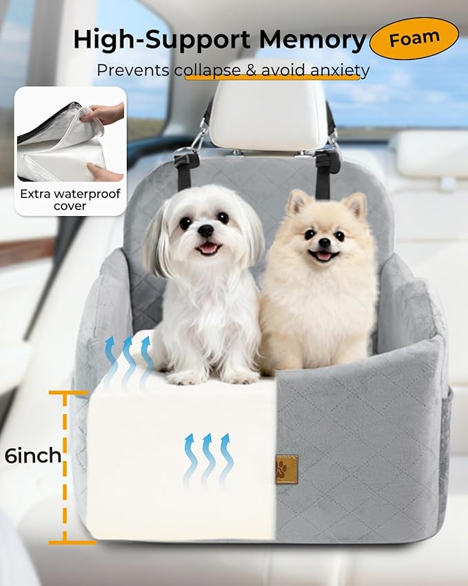 Dog Car Seat for Small/Medium Dogs, Detachable Washable Dog Booster Car Seat Under 35lbs, High-Support Memory Foam,Travel Bed with Storage Pockets
