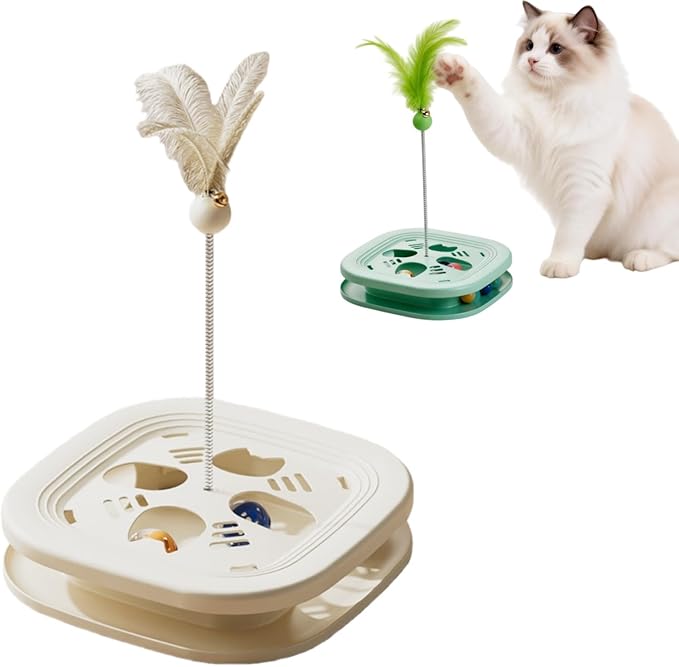 Interactive Cat Toys for Indoor Cats, 2-in-1 Kitten Toys with Balls & Feathers, BPA-Free Safe Material,Non-Slip Base, Sturdy and Durable (White)