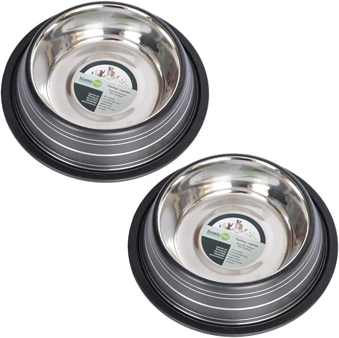 Iconic Pet 2 Cup/16 Oz Elegant Stainless Steel Color Splash Food/Water Bowl with Non Skid, Noise Free, Removable Rubber Ring - Dog/ Cat Feeding Bowl In color shade, Dishwasher Safe - Black, 2 Bowls