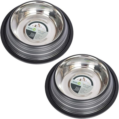 Iconic Pet 2 Cup/16 Oz Elegant Stainless Steel Color Splash Food/Water Bowl with Non Skid, Noise Free, Removable Rubber Ring - Dog/ Cat Feeding Bowl In color shade, Dishwasher Safe - Black, 2 Bowls