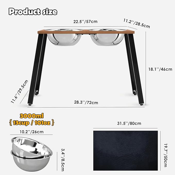 Elevated Dog Bowls for Large Dogs, Extra Large Breed, with Spill Proof Mat, Two 3000ML(13CUPS) Food & Water Bowls, Stable Raised Bowl, 18.1" Tall Dog Bowl Stand for XX Large Dogs