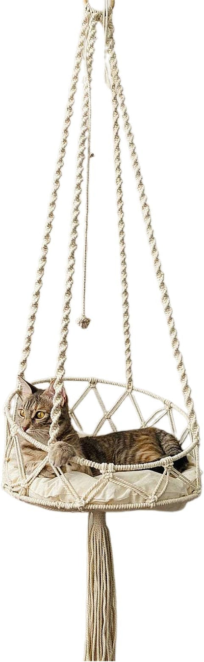 Macrame Cat Hammock with Cushion Handwoven Boho Hanging Cat Bed Pet Kitten Swing Bed for Playing Sleeping Climbing and Lounging (130 cm)