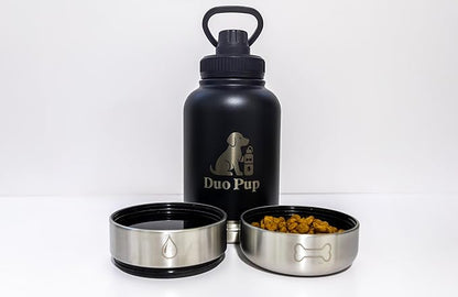 DuoPup 32oz Insulated Stainless Steel Pet Water & Food Bottle – Portable Leak-Resistant Dispenser with Two Detachable Bowls & Carrying Strap – Travel, Hiking & Outdoor Pet Hydration – LightGreen