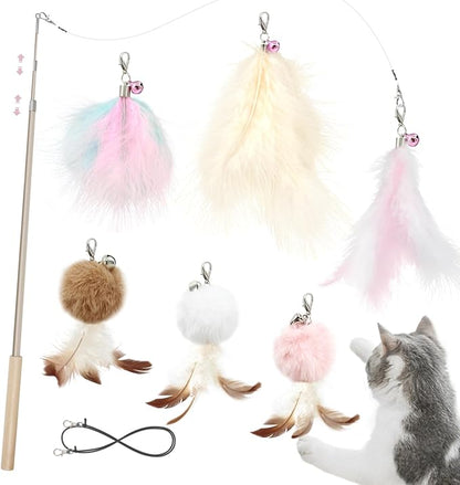 SONGWAY Interactive Cat Feather Toys - 7 PCS Cat Toys Set for Indoor Cats, Retractable Wand with Feather Tail Toy Refills, Kitten Toys Gift, Pink