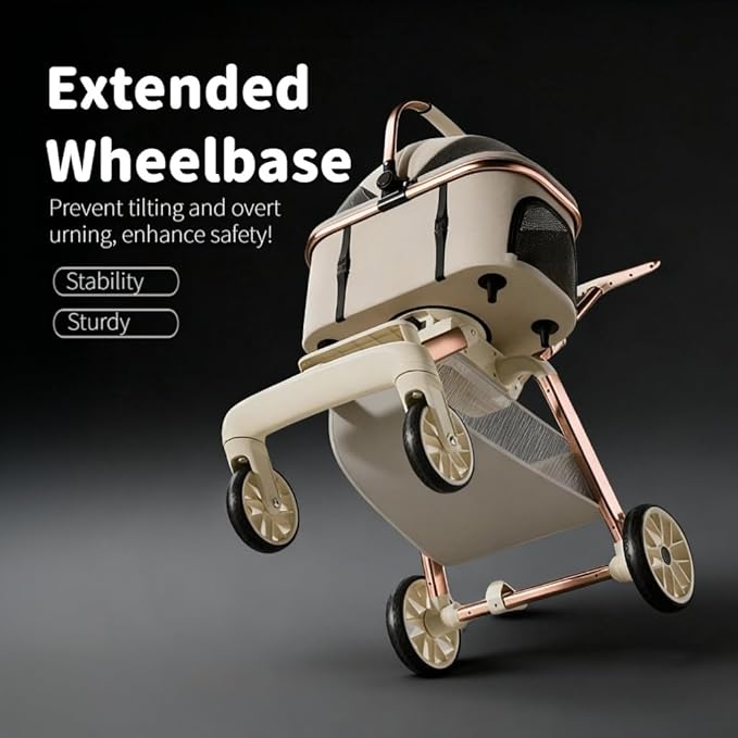 All-Terrain Pet Stroller for Small Medium Dogs & Cats, 30 lbs Capacity - Portable Carrier with One-Touch Brake, Lightweight Foldable Design & Shock Absorption Wheels,Beige