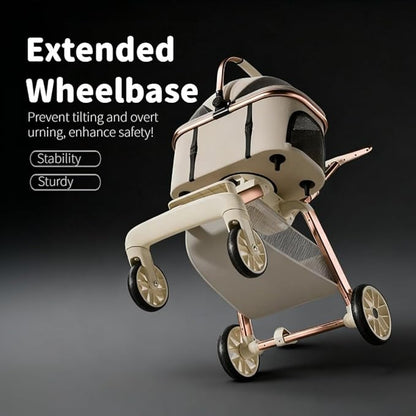 All-Terrain Pet Stroller for Small Medium Dogs & Cats, 30 lbs Capacity - Portable Carrier with One-Touch Brake, Lightweight Foldable Design & Shock Absorption Wheels,Beige