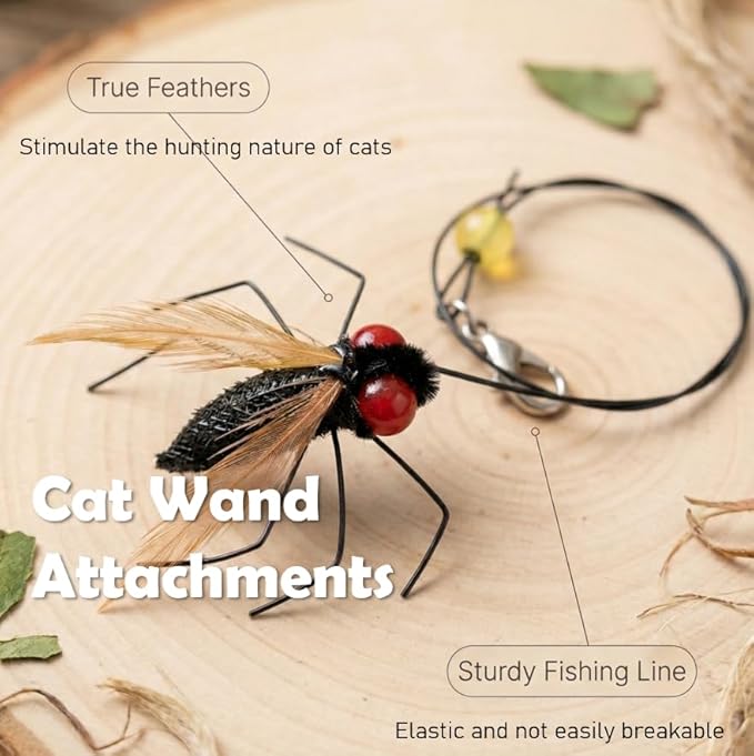 Cat Insect Feather Toys Replacement - 2 Pcs Handmade Natural Flies - Cat Toy Wand Refills - Interactive Kitten Teaser Wand Attachments - Cat Toys for Indoor Cats Play