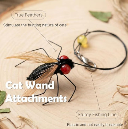 Cat Insect Feather Toys Replacement - 2 Pcs Handmade Natural Flies - Cat Toy Wand Refills - Interactive Kitten Teaser Wand Attachments - Cat Toys for Indoor Cats Play