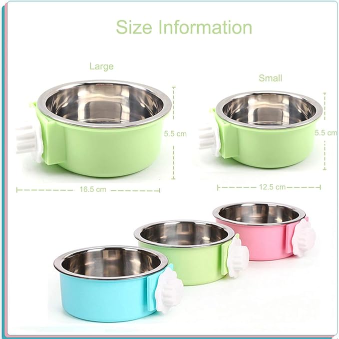 Crate Dog Bowl, Removable Stainless Steel Water Food Feeder Bowls Hanging Pet Cage Bowl Cage Coop Cup for Dogs Cats Puppy Rabbits Bird and Small Pets (Large (Pack of 2), Round (Blue+Green))