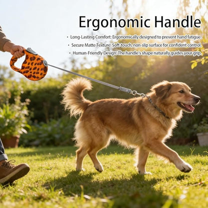 Retractable Dog Leash for Medium & Large Dogs up to 80 lbs, One-Handed Brake, 180kg Strong Nylon Tape, Tangle Free, Anti-Slip Handle (M & L Size) (Leopard Print, M-4M)