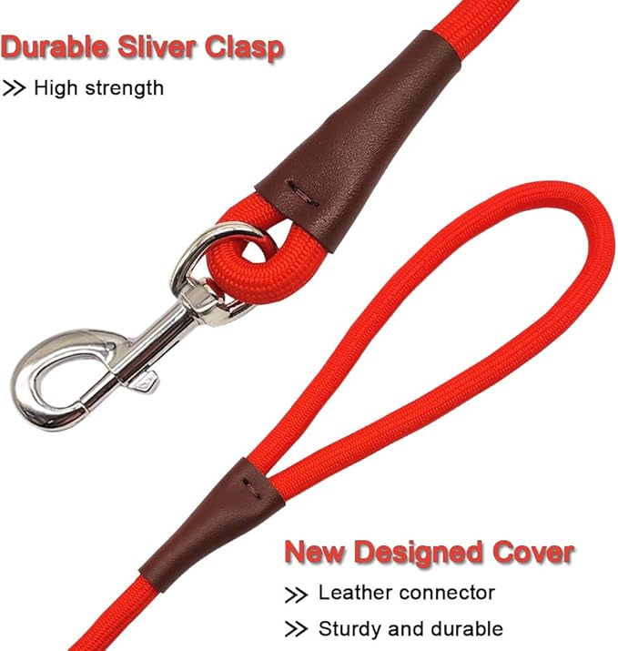 MayPaw 4/6 /8/10 FT Dog Leash, Classic Solid Colors, Strong Nylon Rope Dog Leash Reinforced with Leather Tailor Connection Heavy Duty Silver Clasp (red, 8ft*1/2")