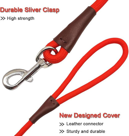 MayPaw 4/6 /8/10 FT Dog Leash, Classic Solid Colors, Strong Nylon Rope Dog Leash Reinforced with Leather Tailor Connection Heavy Duty Silver Clasp (red, 8ft*1/2")