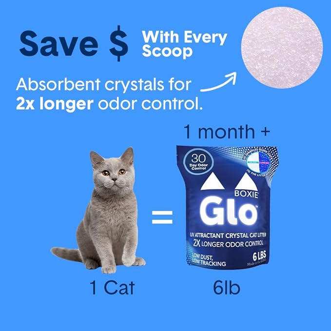 Boxie® Glo™ 30 Day Odor Control Non-Clumping Crystal Cat Litter, 18 lb, Natural Attractions, UV Light Attractant, Soft Granules, 99.9% Dust-Free, Long-Lasting for Multi-Cat Homes (3 Pack of 6lb Bags)
